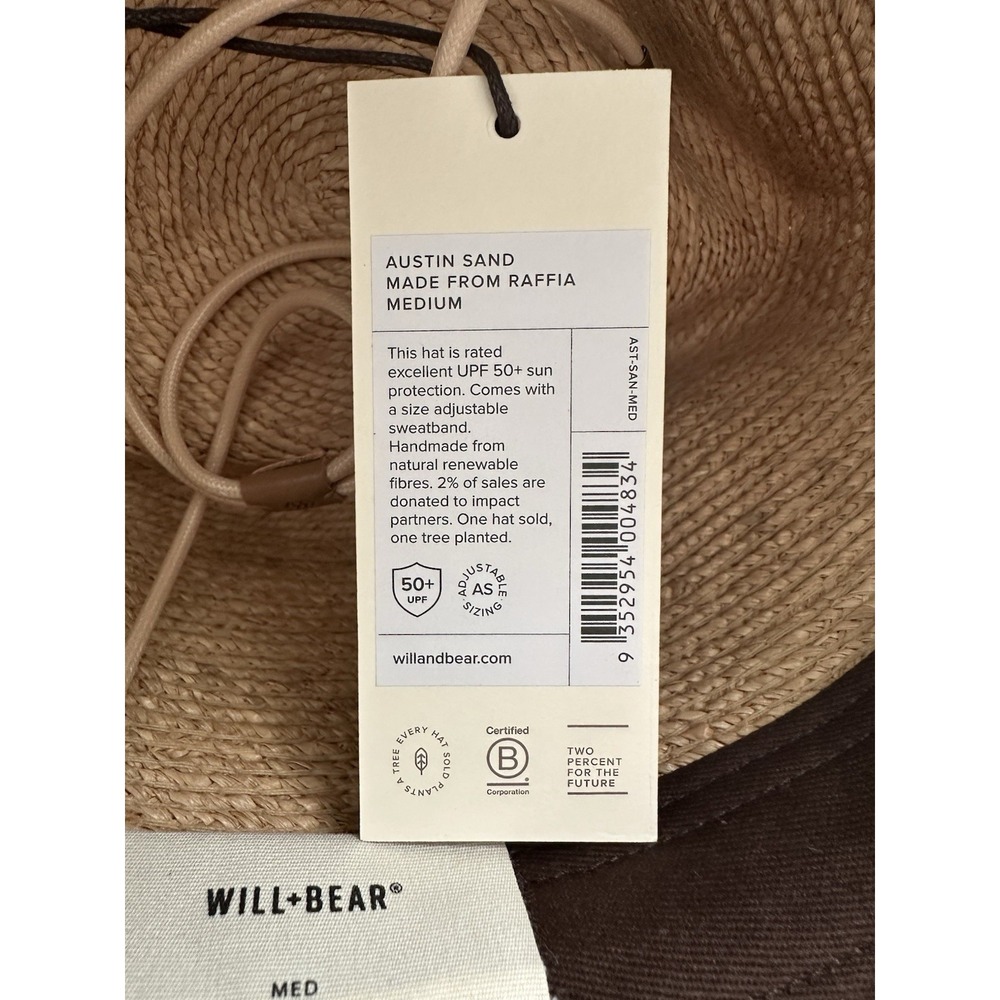 Will + Bear Raffia Sun Hat Austin Sand Sz Medium Unisex UPF 50+ Adjustable Strap - Picture 7 of 8